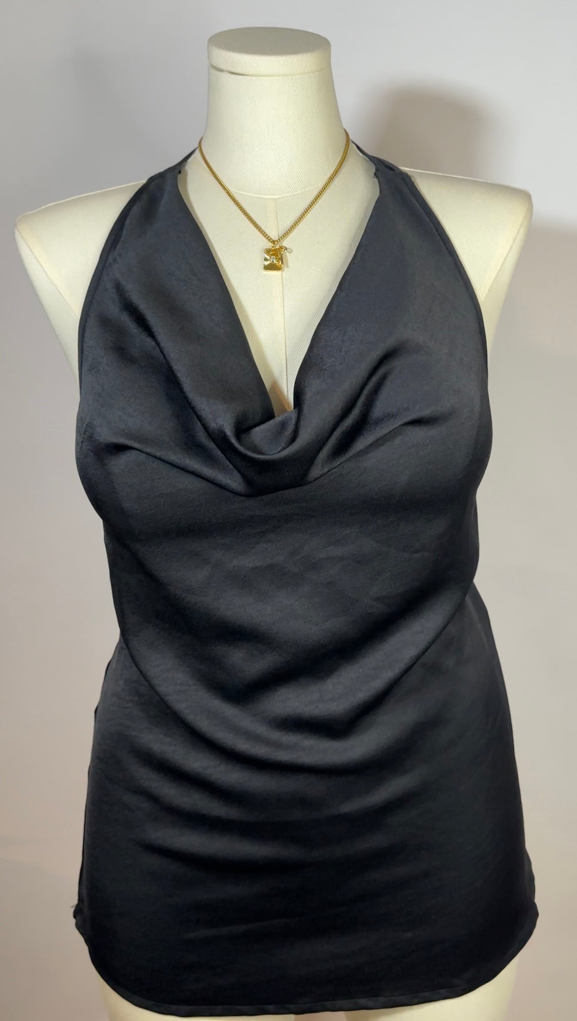 black upcycled halter mini dress (l)