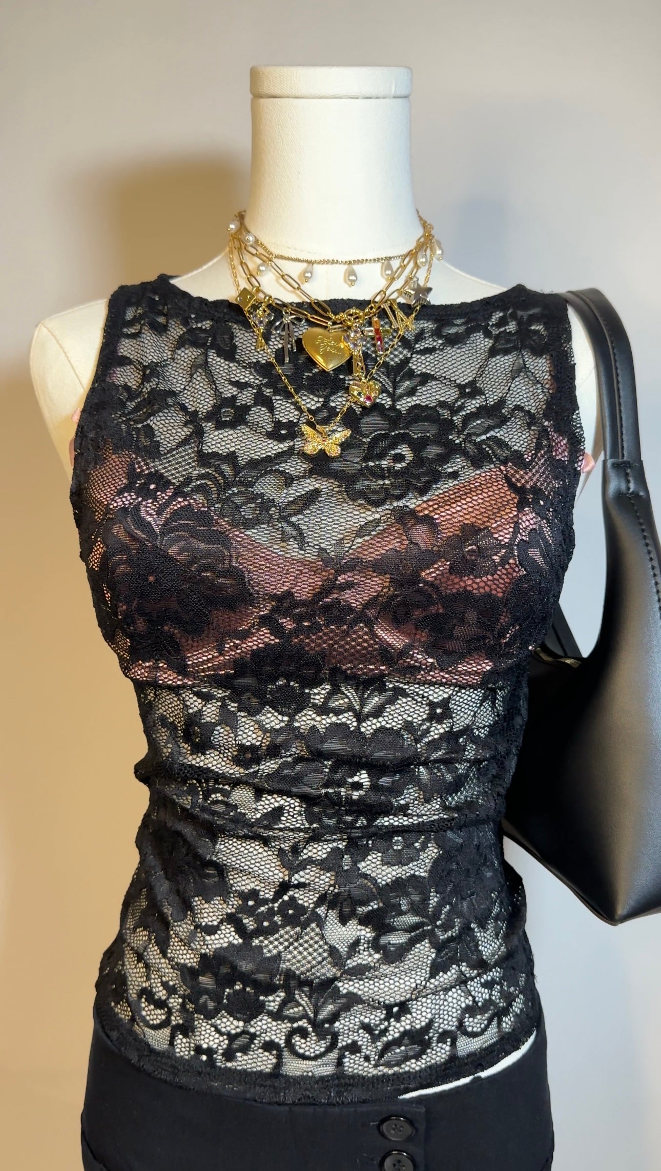 black upcycled lace sleeveless top (s)