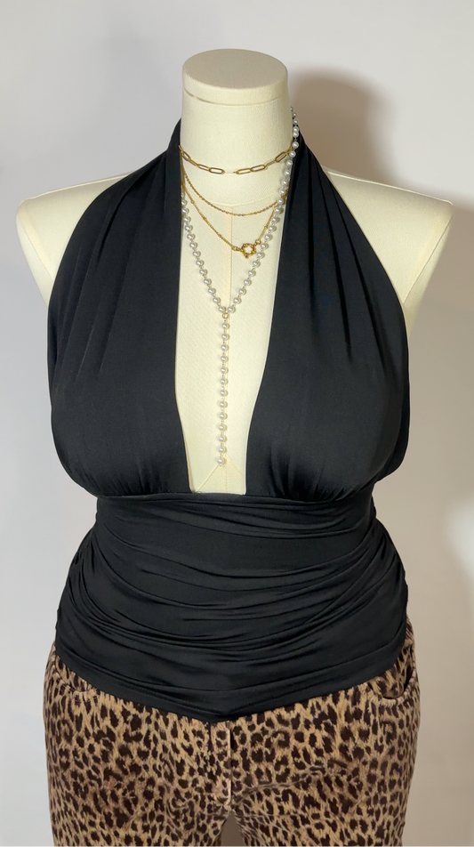 upcycled black halter top (l)