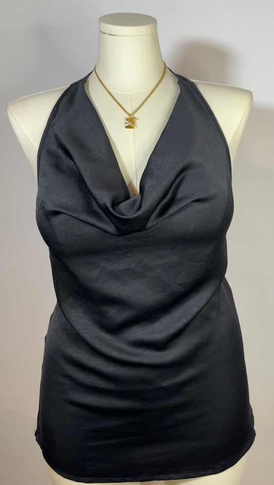 black upcycled halter mini dress (l)
