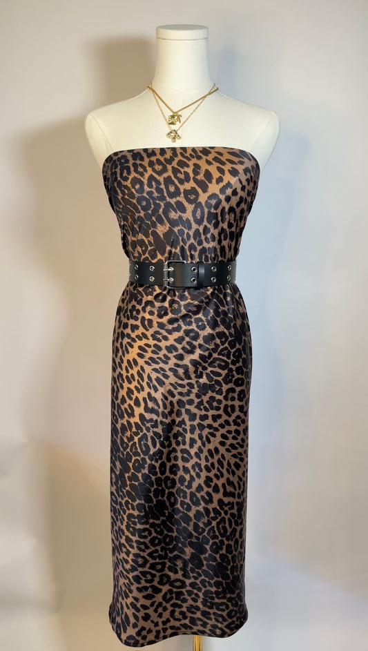 satin upcycled leopard print dress/maxi skirt (s)