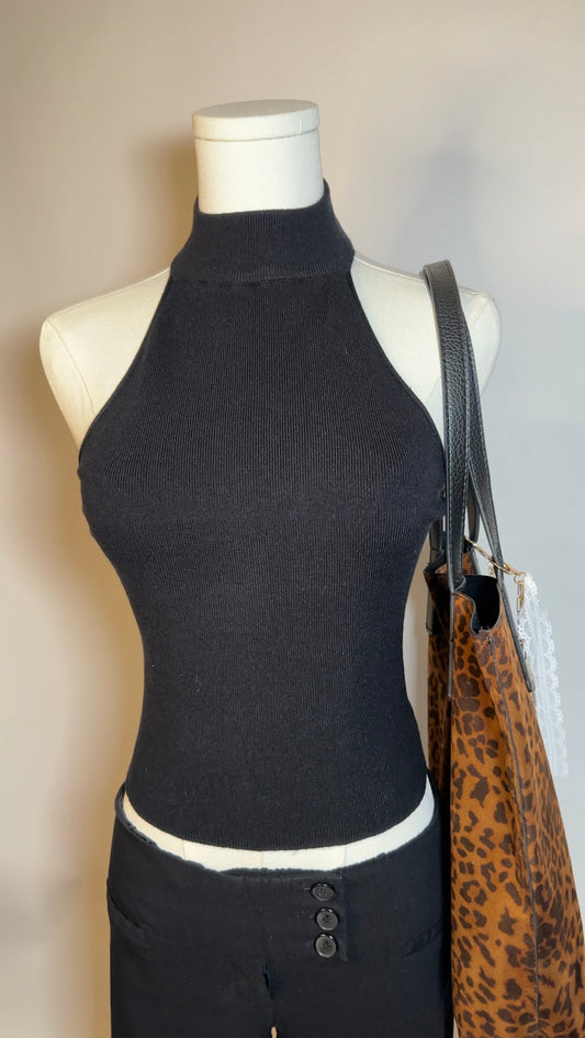black knit upcycled halter top (s/m)