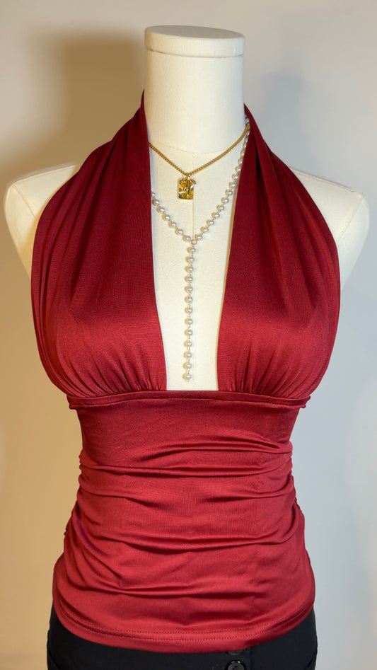 burgundy upcycled halter top (m)