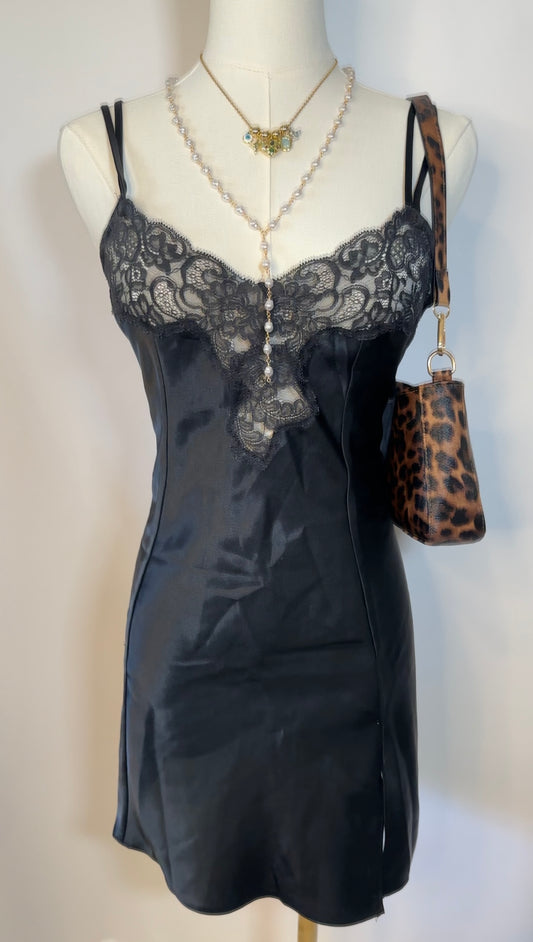 black satin lace dress (s)